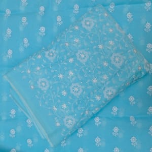 5 Mtr Firozi Cotton Kota Doria Thread Embroidered Fabric Set