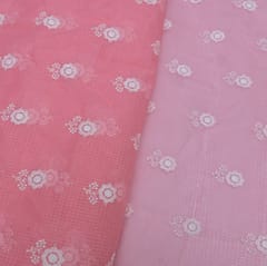 5 Mtr Pink Colour Cotton Kota Doria Thread Embroidered Fabric Set