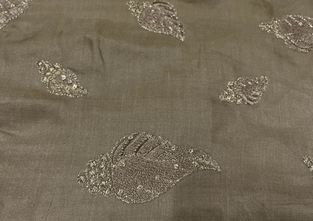 Embroidered Cotton Satin Brown Leaves