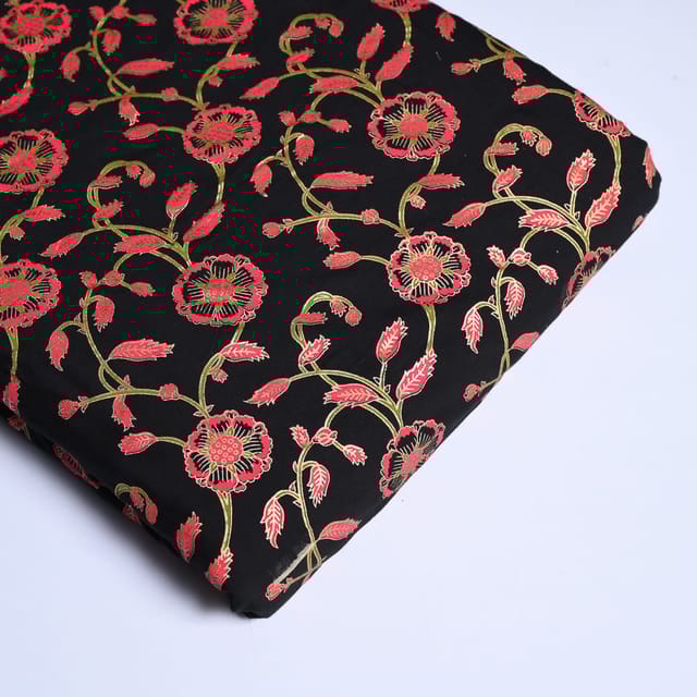 Black Color Block Printed Fabric with Gold outline