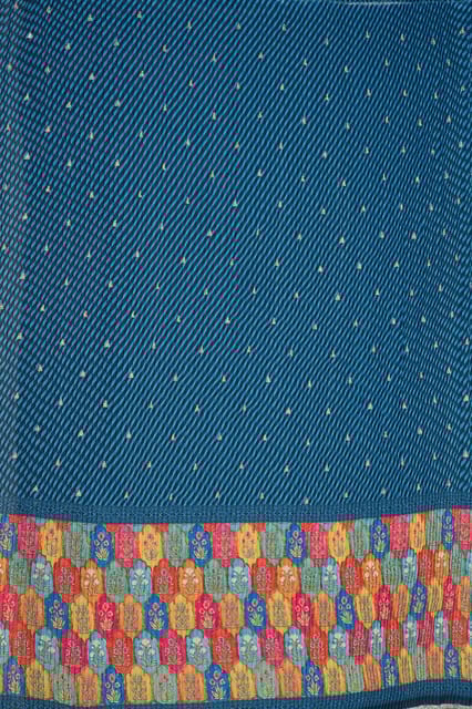 Firozi Colour Embroiderd Georgette Pleated Printed Fabric with Green Border