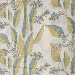 Cream and Green Colour Cotton Print  Fabric with Gold Highlight