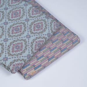 5 Mtr. Powder Blue and Multi Colour Cotton Block Print Set