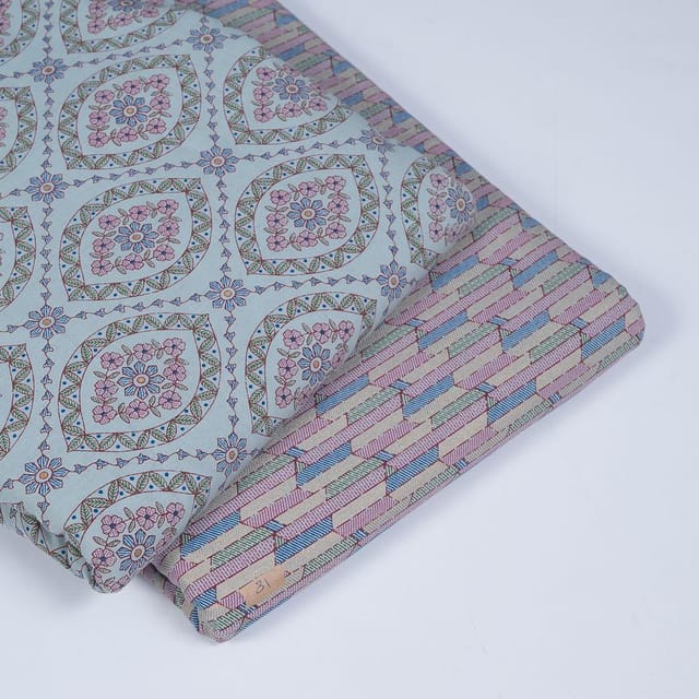 5 Mtr. Powder Blue and Multi Colour Cotton Block Print Set