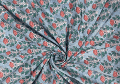 Printed Cotton Voil Sky Blue Peach Flowers
