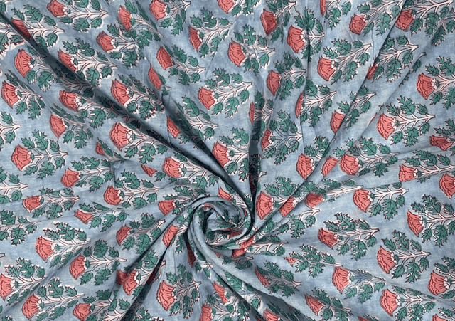 Printed Cotton Voil Sky Blue Peach Flowers