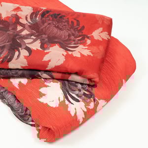 Red Colour Satin Pleated Fabric with Printed Organza Dupatta Set