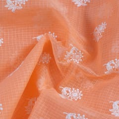 Peach Colour Pure Kota Thread Embroidered Fabric (1.10Meter Piece)