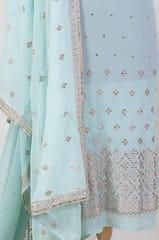 Sea Green Colour Georgette Pleat Embroidered Fabric with Georgette Embroidered Dupatta Set