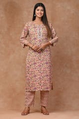 Beige Colour Cotton Printed Shirt with Cotton Printed Bottom