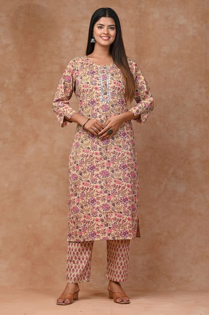 Beige Colour Cotton Printed Shirt with Cotton Printed Bottom
