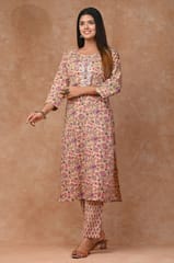 Beige Colour Cotton Printed Shirt with Cotton Printed Bottom