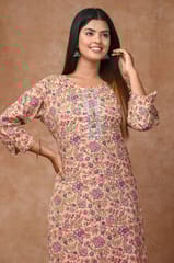 Beige Colour Cotton Printed Shirt with Cotton Printed Bottom