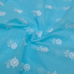 Firozi Colour Kota Doria Embroidered Fabric