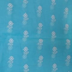 Firozi Colour Kota Doria Embroidered Fabric