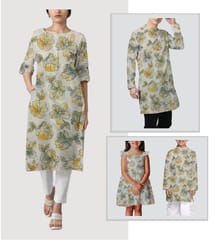 Green With Yellow Shades Floral, Off White Muslin Print Fabric