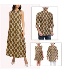 Brown Khaki With White Motifs Printed Cotton Fabric