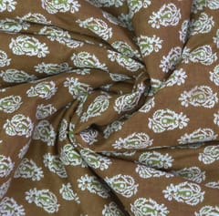 Brown Khaki With White Motifs Printed Cotton Fabric