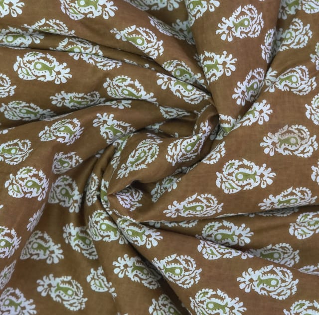 Brown Khaki With White Motifs Printed Cotton Fabric