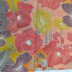 Peach With Multi Colour Florals Printed Muslin Fabric