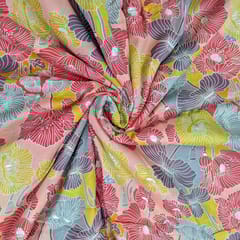 Peach With Multi Colour Florals Printed Muslin Fabric