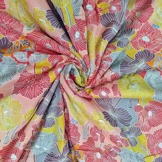 Peach With Multi Colour Florals Printed Muslin Fabric