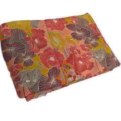 Peach With Multi Colour Florals Printed Muslin Fabric