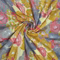 Yellow With Multi Color Florals Printed Muslin Fabric