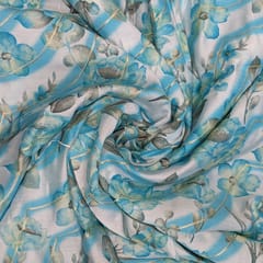 White With Blue Floral, Curve Lines Muslin Print Fabric