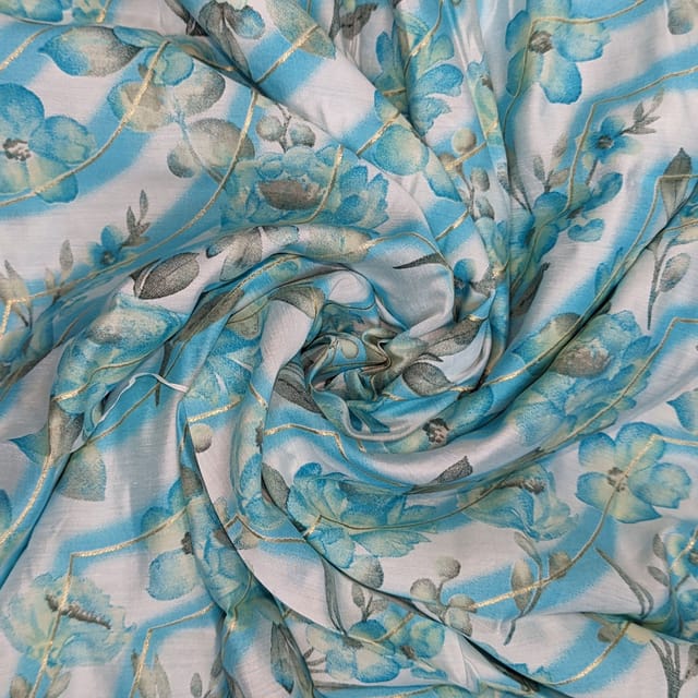 White With Blue Floral, Curve Lines Muslin Print Fabric