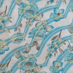 White With Blue Floral, Curve Lines Muslin Print Fabric