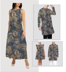 Grey With Golden Floral Muslin Print Fabric