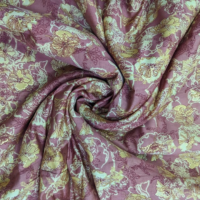 Rust With Golden Floral Muslin Print Fabric