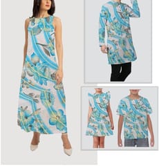 White With Blue Floral, Curve Lines Muslin Print Fabric