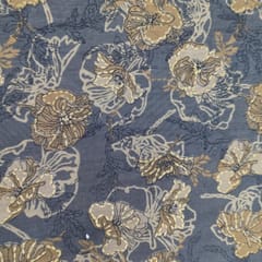 Grey With Golden Floral Muslin Print Fabric