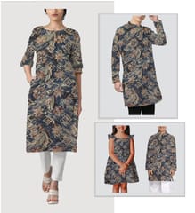 Grey With Golden Color Florals Printed Muslin Fabric