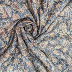 Grey With Golden Color Florals Printed Muslin Fabric
