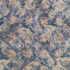 Grey With Golden Color Florals Printed Muslin Fabric