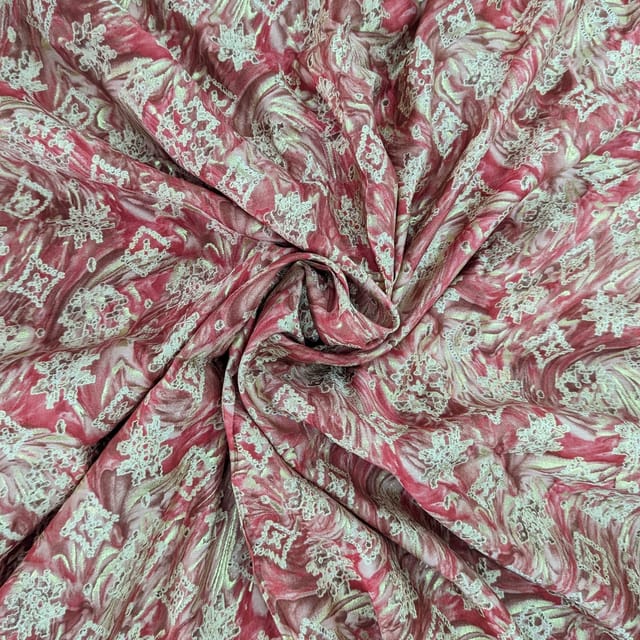 Pink With Golden Color Florals Printed Muslin Fabric