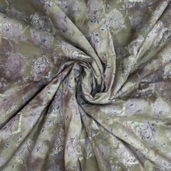Green With Golden Shades Floral Printed Muslin Fabric
