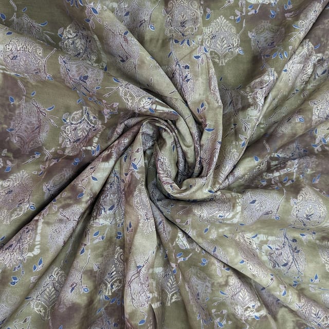 Green With Golden Shades Floral Printed Muslin Fabric