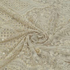White Color Dyeable Net Sequins and Thread Embroidered Fabric
