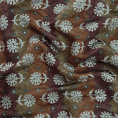 Brown With Cream Floral Printed Modal Chanderi Fabric