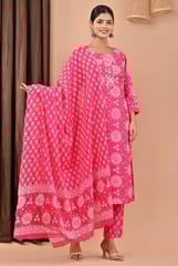 Rani Colour Printed Cotton Shirt with Printed Cotton Bottom and Dupatta