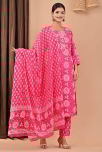 Rani Color Printed Cotton Shirt with Printed Cotton Bottom and Dupatta