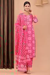 Rani Colour Printed Cotton Shirt with Printed Cotton Bottom and Dupatta