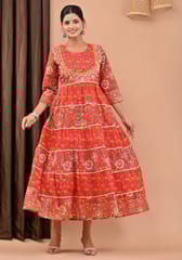 Red Colour Printed Cotton Shirt with Chiffon Dupatta
