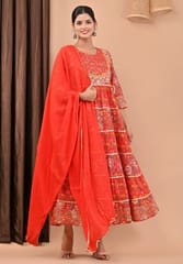 Red Colour Printed Cotton Shirt with Chiffon Dupatta