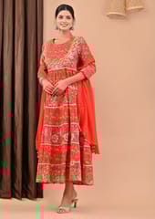 Red Colour Printed Cotton Shirt with Chiffon Dupatta