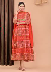 Red Colour Printed Cotton Shirt with Chiffon Dupatta